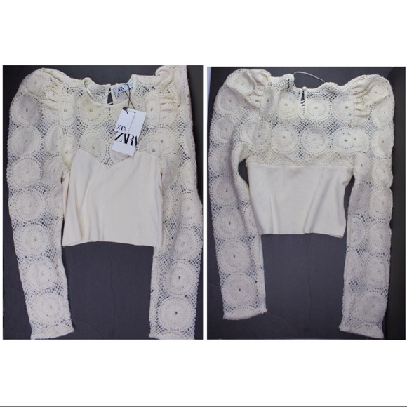 Zara NWT Bloggers Favorite Combination Knit Semi Sheer Puff Shoulder Top Small - Picture 4 of 11
